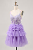 Off The Shoulder Lavender Beaded Tiered A Line Homecoming Dress