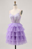 Lavender Corset Tiered A Line Homecoming Dress with Appliques