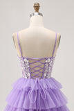 Lavender Corset Tiered A Line Homecoming Dress with Appliques