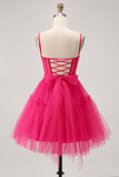 Fuchsia A Line Spaghetti Straps Corset Beaded Homecoming Dress