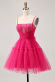 Fuchsia A Line Spaghetti Straps Corset Beaded Homecoming Dress