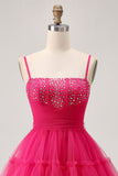 Fuchsia A Line Spaghetti Straps Corset Beaded Homecoming Dress