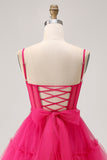 Fuchsia A Line Spaghetti Straps Corset Beaded Homecoming Dress