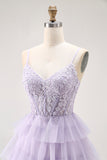 Lilac A Line Beaded Corset Tiered Long Prom Dress with Slit