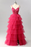 Sparkly Fuchsia A Line Tiered Long Prom Dress with Appliques