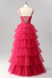 Sparkly Fuchsia A Line Tiered Long Prom Dress with Appliques