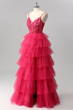 Sparkly Fuchsia A Line Tiered Long Prom Dress with Appliques