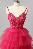 Sparkly Fuchsia A Line Tiered Long Prom Dress with Appliques