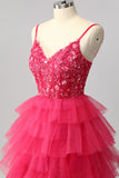 Sparkly Fuchsia A Line Tiered Long Prom Dress with Appliques