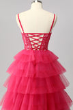 Sparkly Fuchsia A Line Tiered Long Prom Dress with Appliques