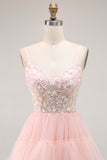 Blush A Line Corset Sequins Tiered Ruffle Long Prom Dress with Appliques
