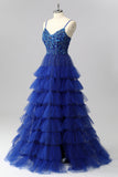 Sparkly Royal Blue Corset A Line Tiered Long Prom Dress with Appliques