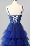 Sparkly Royal Blue Corset A Line Tiered Long Prom Dress with Appliques
