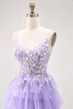 Purple A-Line Sequins Tulle Corset Tiered Long Prom Dress with Lace Up Back