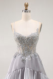 Grey A Line Beaded Sheer Corset Long Ruffle Prom Dress with Slit