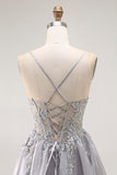 Grey A Line Beaded Sheer Corset Long Ruffle Prom Dress with Slit
