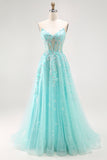 Sparkly Green A-Line Strapless Sequins Corset Long Prom Dress with Slit