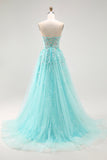 Sparkly Green A-Line Strapless Sequins Corset Long Prom Dress with Slit