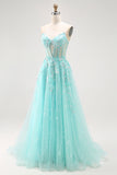 Sparkly Green A-Line Strapless Sequins Corset Long Prom Dress with Slit