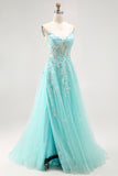 Sparkly Green A-Line Strapless Sequins Corset Long Prom Dress with Slit