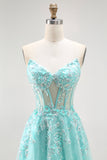 Sparkly Green A-Line Strapless Sequins Corset Long Prom Dress with Slit
