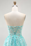 Sparkly Green A-Line Strapless Sequins Corset Long Prom Dress with Slit
