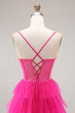 Fuchsia Corset A Line Spaghetti Straps Beaded Tiered Prom Dress with Slit