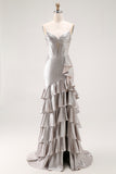 Grey Mermaid Beaded Corset Tiered Pleated Long Prom Dress with Slit