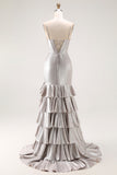 Grey Mermaid Beaded Corset Tiered Pleated Long Prom Dress with Slit