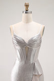 Grey Mermaid Beaded Corset Tiered Pleated Long Prom Dress with Slit