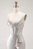 Grey Mermaid Beaded Corset Tiered Pleated Long Prom Dress with Slit