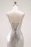 Grey Mermaid Beaded Corset Tiered Pleated Long Prom Dress with Slit