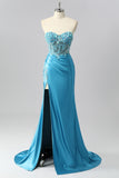 Strapless Blue Corset Mermaid Satin Prom Dress with Appliques