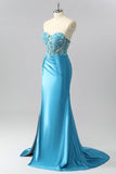 Strapless Blue Corset Mermaid Satin Prom Dress with Appliques