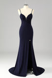 Sparkly Navy Spaghetti Straps Mermaid Long Prom Dress with Slit
