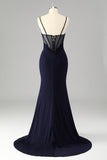Sparkly Navy Spaghetti Straps Mermaid Long Prom Dress with Slit