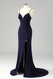 Sparkly Navy Spaghetti Straps Mermaid Long Prom Dress with Slit
