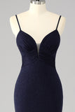 Sparkly Navy Spaghetti Straps Mermaid Long Prom Dress with Slit