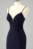 Sparkly Navy Spaghetti Straps Mermaid Long Prom Dress with Slit