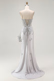 Silver Sheath Spaghetti Straps Beaded Corset Long Prom Dress with Appliques