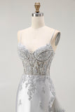 Silver Sheath Spaghetti Straps Beaded Corset Long Prom Dress with Appliques