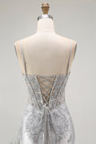 Silver Sheath Spaghetti Straps Beaded Corset Long Prom Dress with Appliques
