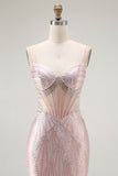 Blush Mermaid Corset Beaded Long Prom Dress with Lace Up Back