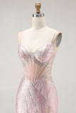 Blush Mermaid Corset Beaded Long Prom Dress with Lace Up Back