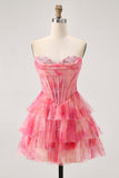 Tiered Corset Red A Line Printed Beaded Homecoming Dress