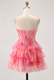 Tiered Corset Red A Line Printed Beaded Homecoming Dress