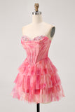 Tiered Corset Red A Line Printed Beaded Homecoming Dress