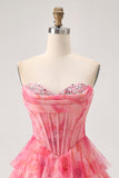 Tiered Corset Red A Line Printed Beaded Homecoming Dress