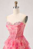 Tiered Corset Red A Line Printed Beaded Homecoming Dress