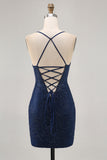 Dark Blue Beaded Spaghetti Straps Bodycon Homecoming Dress